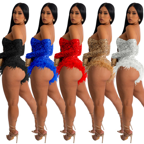 women red royal blue gold black sequins feather jazz dance wear gogo dancers dance outfits Solid Color Beaded Long Sleeved off shoulder  jumpsuit Women