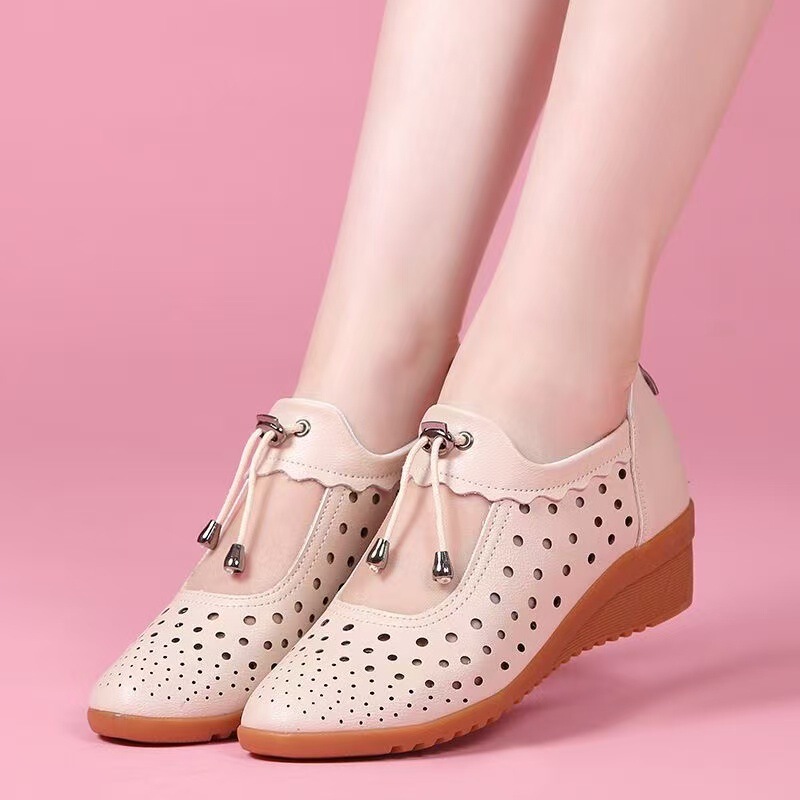 2026 New Summer Sandals, Mesh Hollow Shoes, Middle-Aged Women's Square Dance Shoes, Genuine Soft Leather Mom Shoes, Summer Sandals for Women