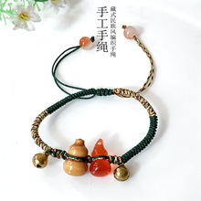 手绳藏式民族风手工编织葫芦铃铛饰品可调节简约特色绿色彩绳手链