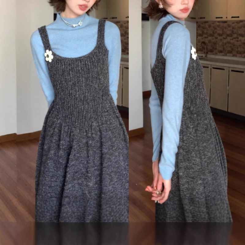 Korean Style Lazy Style Half Turtleneck Tight Bottoming Top Women's New Winter Layered Knitted Suspender Dress Suit
