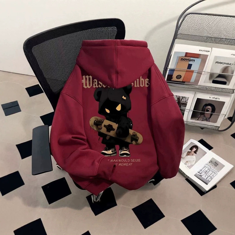 American street style high-end retro skateboard bear hooded sweatshirt for men, autumn and winter oversize thick sweatshirt