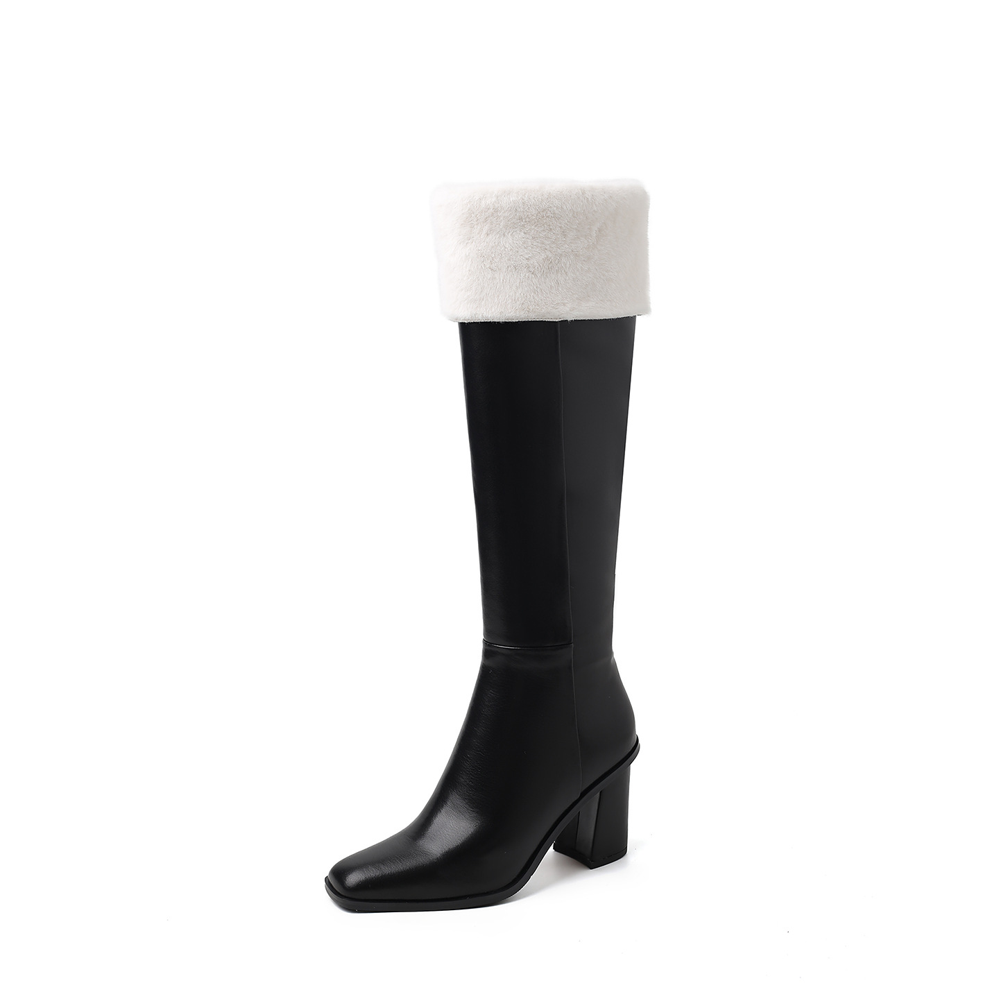 Boot nữ cổ cao mũi vuông gót dày da thật, phong cách hiệp sĩ, có thể gập ống — Lớp lót nhung đen