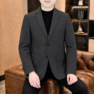 爸爸装休闲西装男春秋中年男士毛呢西服外套商务修身短款单西上衣