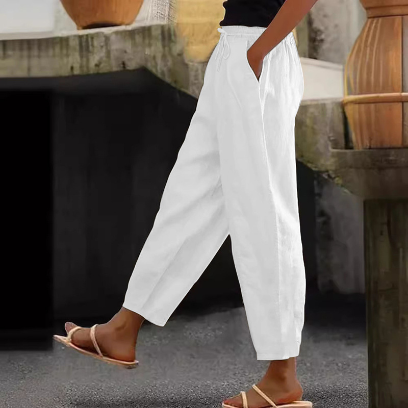 2026 European and American Cross-Border New Women's Pants Cotton and Linen Solid Color Fashion Casual Daily Side Pocket Elastic Casual Pants Women's Pants 2026 European and American Cross-Border New Women's Pants Cotton and Linen Solid Color Fashion Casual Daily Side Pocket Elastic Casual Pants Women's Pants