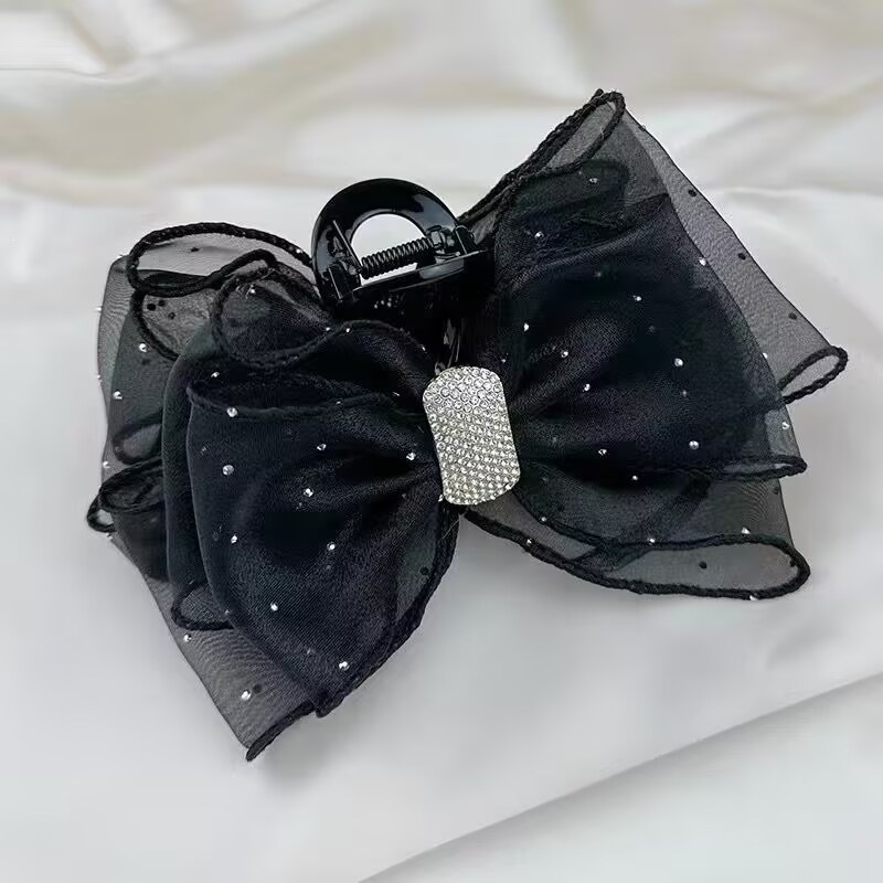 Satín de alta sensación, arco negro grande, clip de tiburón, toque de cabeza, clip de nube, clip de agarre, clip de cabello, tarjeta de cabello de mujer