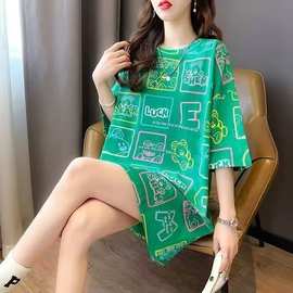 2024新款夏季大码t恤女短袖大码女装显瘦中长款宽松韩版印花上衣