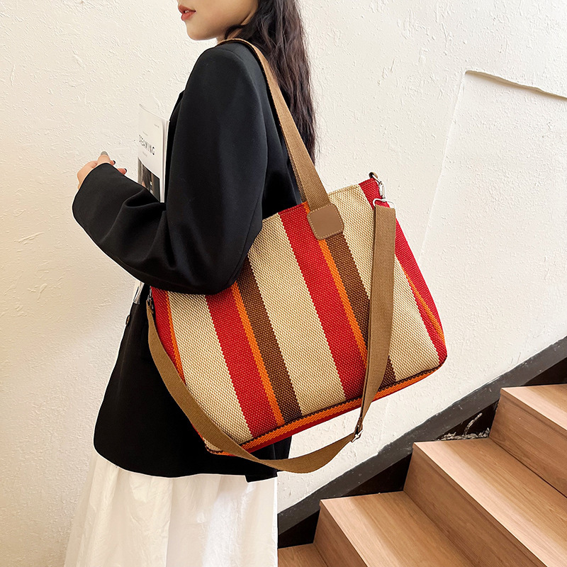 Bolso de lona bolso tote a rayas 2023 nuevo bolso de mujer bolso de mensajero de color dulce japonés de gran capacidad