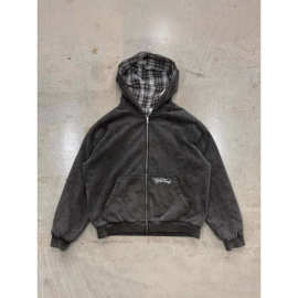 跨境街头连帽卫衣外套秋季潮牌宽松格纹拼接休闲个性开衫双面卫衣