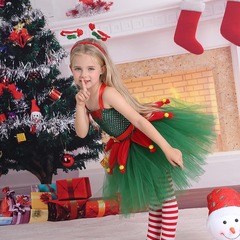クリスマス衣装子供クリスマスエルフプリンセスドレスグリーンメッシュキャノピークリスマスパーティーステージショー衣装