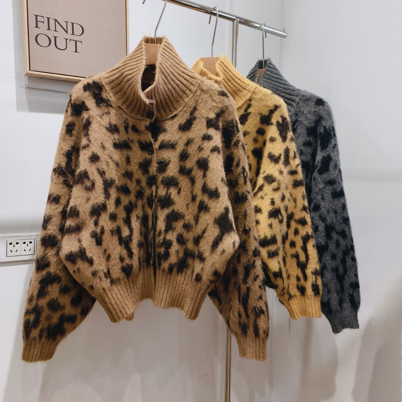 European-Style Leopard Print Batwing Sleeve Sweater Coat for Women, Autumn and Winter Lazy Style Loose Short Niche Mohair Knit Cardigan European-Style Leopard Print Batwing Sleeve Sweater Coat for Women, Autumn and Winter Lazy Style Loose Short Niche Mohair Knit Cardigan