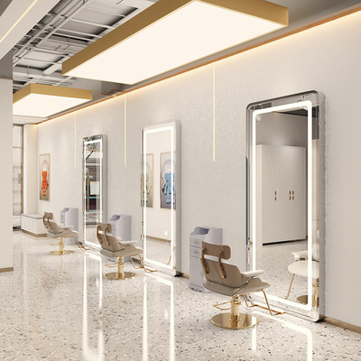 Barbería espejo salón de pelo especial montado en la pared espejo de un solo lado piso con luz inteligente espejo led