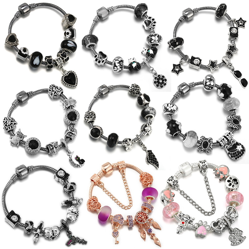 黑色潘家风格DIY手链女士琉璃珠爱心串珠配饰手链  工厂现货批发