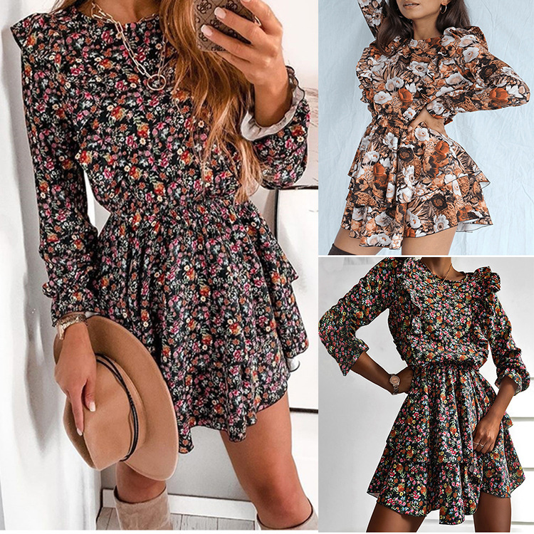 2021 independent station Europe and the United States cross-border autumn new printed waist slim long sleeve women's cake skirt spot 2021 independent station Europe and the United States cross-border autumn new printed waist slim long sleeve women's cake skirt spot