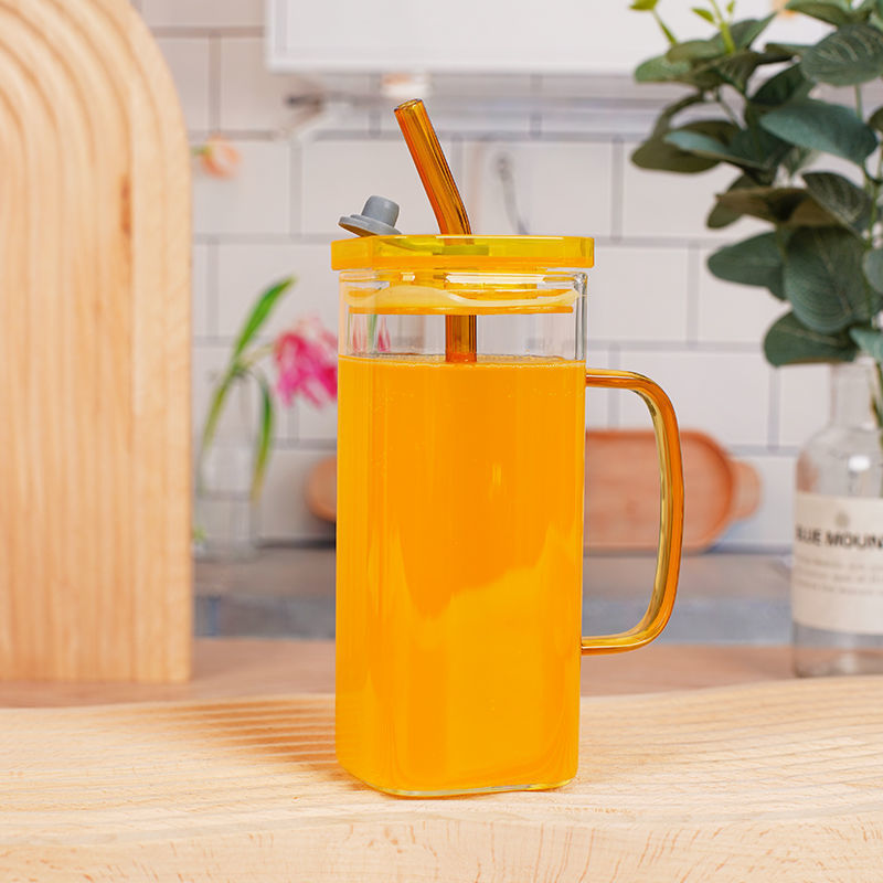 カラーハンドル単層ガラスストローカップ家庭用大容量ストローと蓋付き飲料花茶飲料単層カップ|undefined
