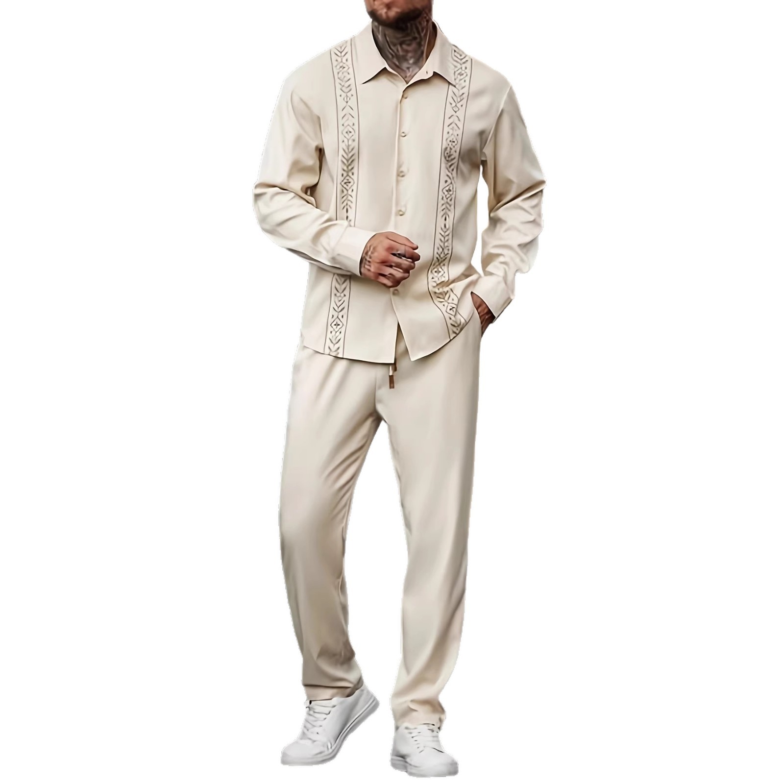 Completo elegante da uomo "Completo due pezzi etnico africano ricamato - Vestibilità ampia e casual per vacanze e celebrazioni (bianco avorio, taglie S-XXL)"_voghion.com