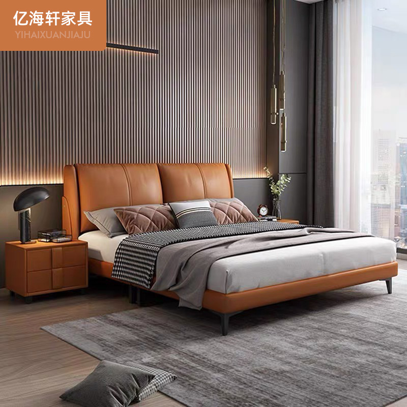 Italiano minimalista cama de cuero genuino moderno minimalista de lujo ligero bolsa suave cama doble dormitorio cama de boda cama de 2 m de alta gama dormitorio principal cama