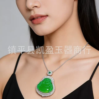 批发镀银镶嵌高冰阳绿玉髓佛公吊坠玛瑙可翻盖设计弥勒佛项链玉坠