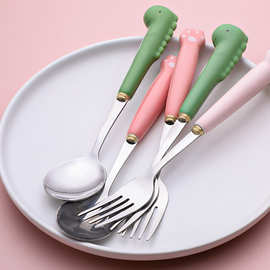HX墨色不锈钢儿童吃饭勺子可爱宝宝调羹餐具家用高颜值陶瓷手柄叉