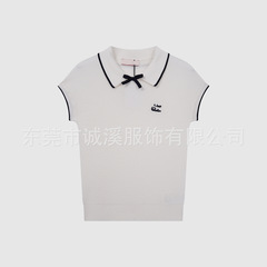 【华家POLO领蝴蝶结绣花飞袖针织衫】撞色翻领气质减龄百搭上衣