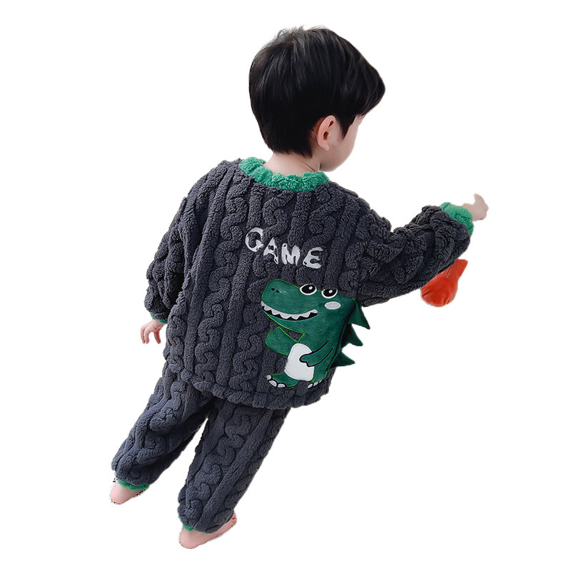 공룡 소년 잠옷 플란넬 가을과 겨울 키즈 소년  산호 양털 어린이 두꺼운 홈 옷 세트