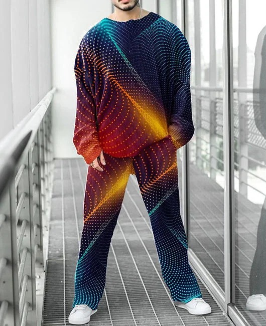 Colorido estilo personalizado estampado de dos piezas guapo otoño nuevo color contraste estilo Hong Kong cuello redondo camiseta pantalones ME6-MR10