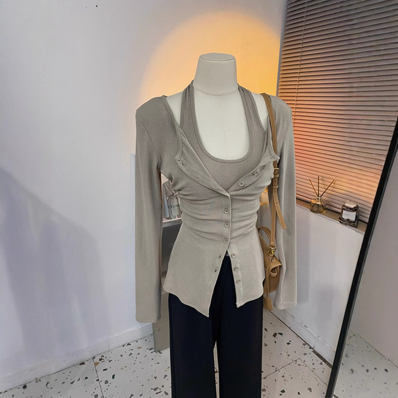 Fashion Fake Two-piece Cardigan Women's Thin Spring and Autumn New Slim-fit Spice Girl Collarbone Long-sleeved T-shirt with Neck Trendy Top