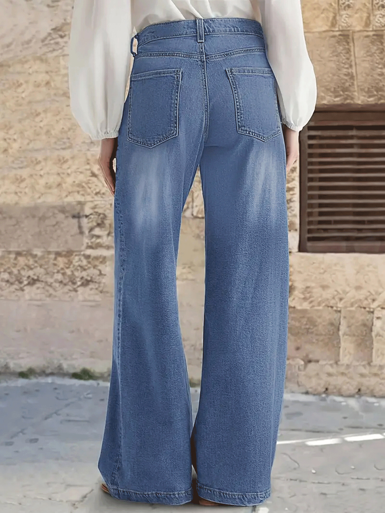 Dam wide leg jeans retro stil med hög midja och lös passform_voghion.com