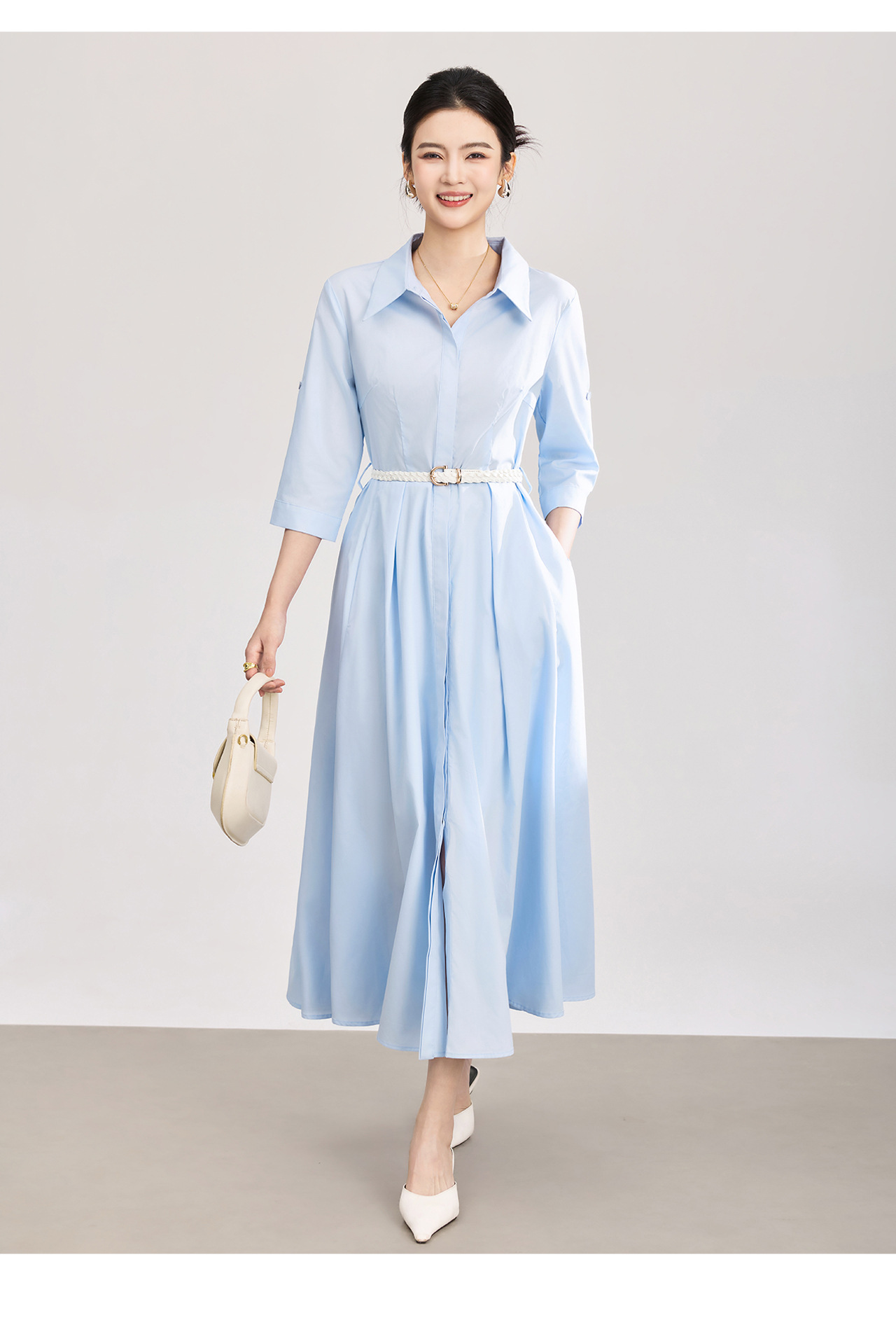 Đầm sơ mi nữ tay dài cổ ve, chất liệu tơ tằm pha cotton, dáng suông thoải mái — xanh lam chi tiết 12