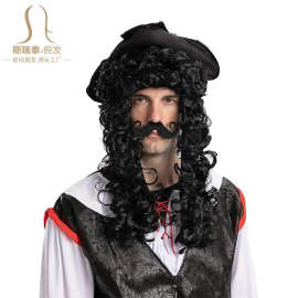 海盗船长虎克CaptainHook钩子船长黑色高温丝长卷发假发胡子套装