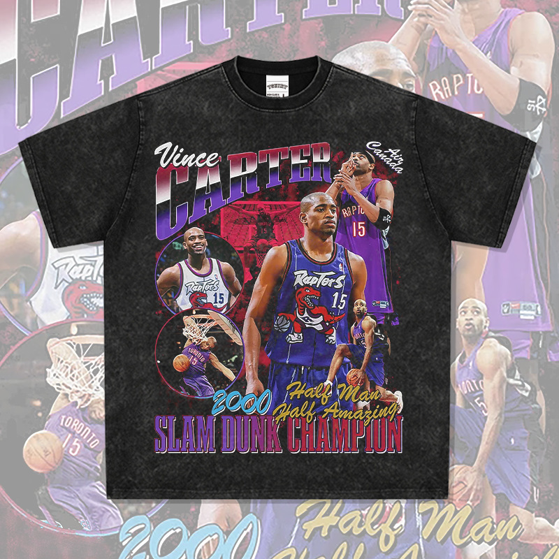 American Retro Style Vince Carter Printed Washed Short-Sleeve T-Shirt, Heavyweight Pure Cotton Long-Sleeve Crew Neck Hoodie