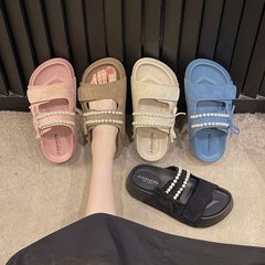 可爱蝴蝶结珍珠厚底拖鞋女2025夏季新款时尚休闲女鞋露趾一字拖鞋