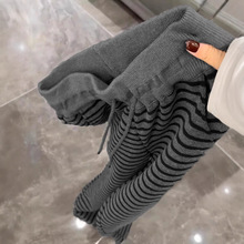 气质chic拖地条纹阔腿裤女2025秋冬季新款抽绳松紧腰加厚休闲裤子