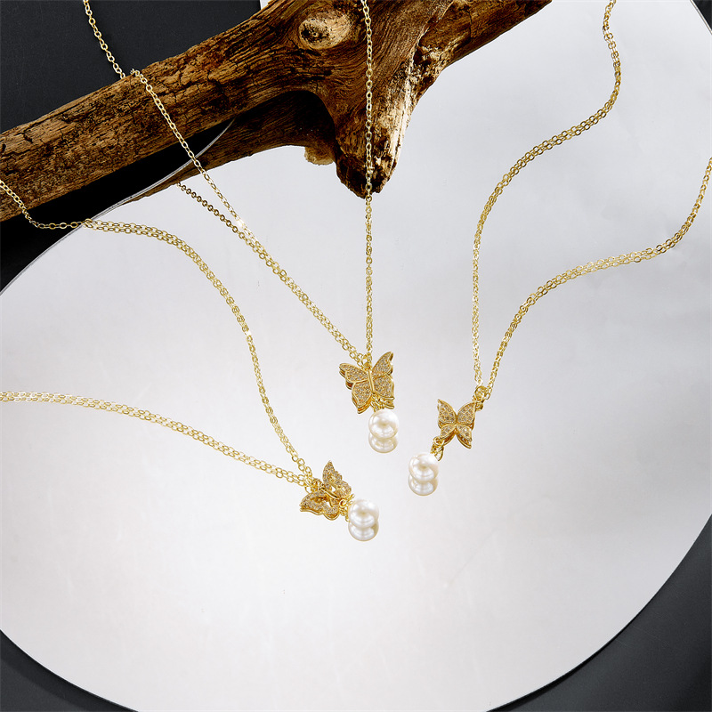 fashion 14k gold simple pearl butterfly zircon copper necklace