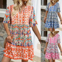 2025欧美亚马逊跨境夏季新款V领连衣裙时尚宽松波西米亚印花短裙