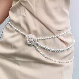 珍珠山茶花项链女百搭腰封配连衣裙大衣外套时尚优雅腰链
