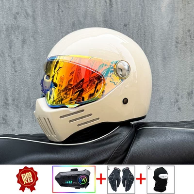 Retro Motorcycle Full-Face Helmet, Suitable — Motosiklet kaskı (dəbilqə) - milky-white-with-phantom-red-night-vision-transparent-mirror-included-y10-soft-wheat-m