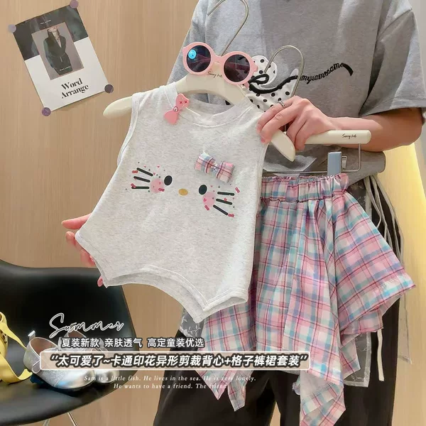 Children's Girls' Summer New Thin Korean-Style Cute Cartoon Sleeveless T-Shirt and Skirt Set for Little Girls