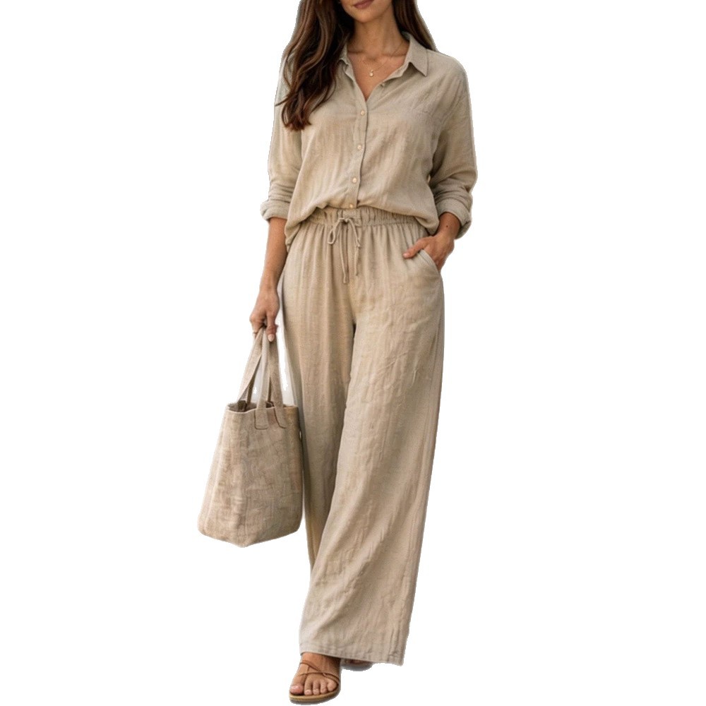 Women's Casual Lapel Pullover Long Sleeve Cotton Multi Color Set Washed Look Pants New_voghion.com