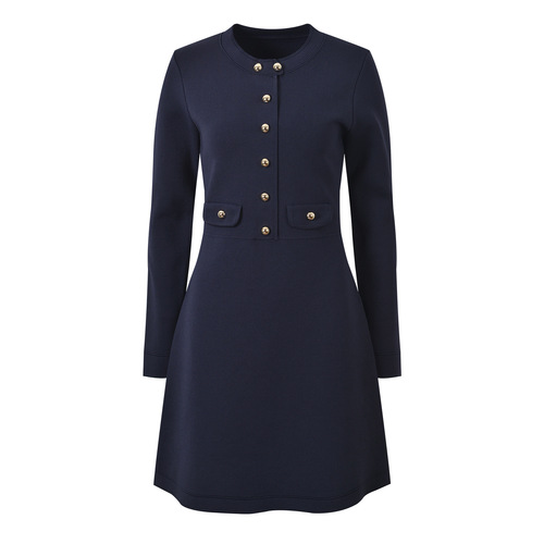 Early Spring New Collection Navy Blue Round Neck Long Sleeve Metal Button Elegant Waist Cinching Slimming Knit Dress