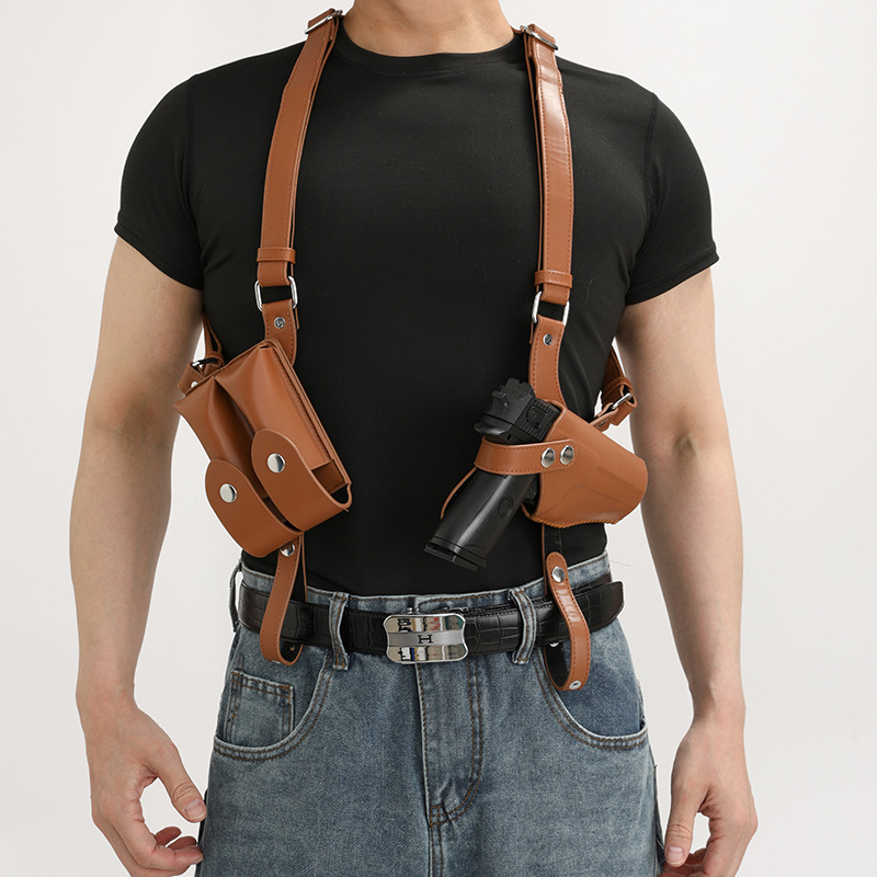Double Shoulder Concealed Pistol Holster with Side Strap, Adjustable Outdoor Shoulder Strap, Cross-Border Underarm Holster, Cross-Border Leather Double Magazine Pouch