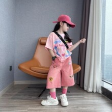 女童夏季卡通粉色短袖多巴胺百搭腊肠狗刺绣牛仔七分裤炸街套装潮