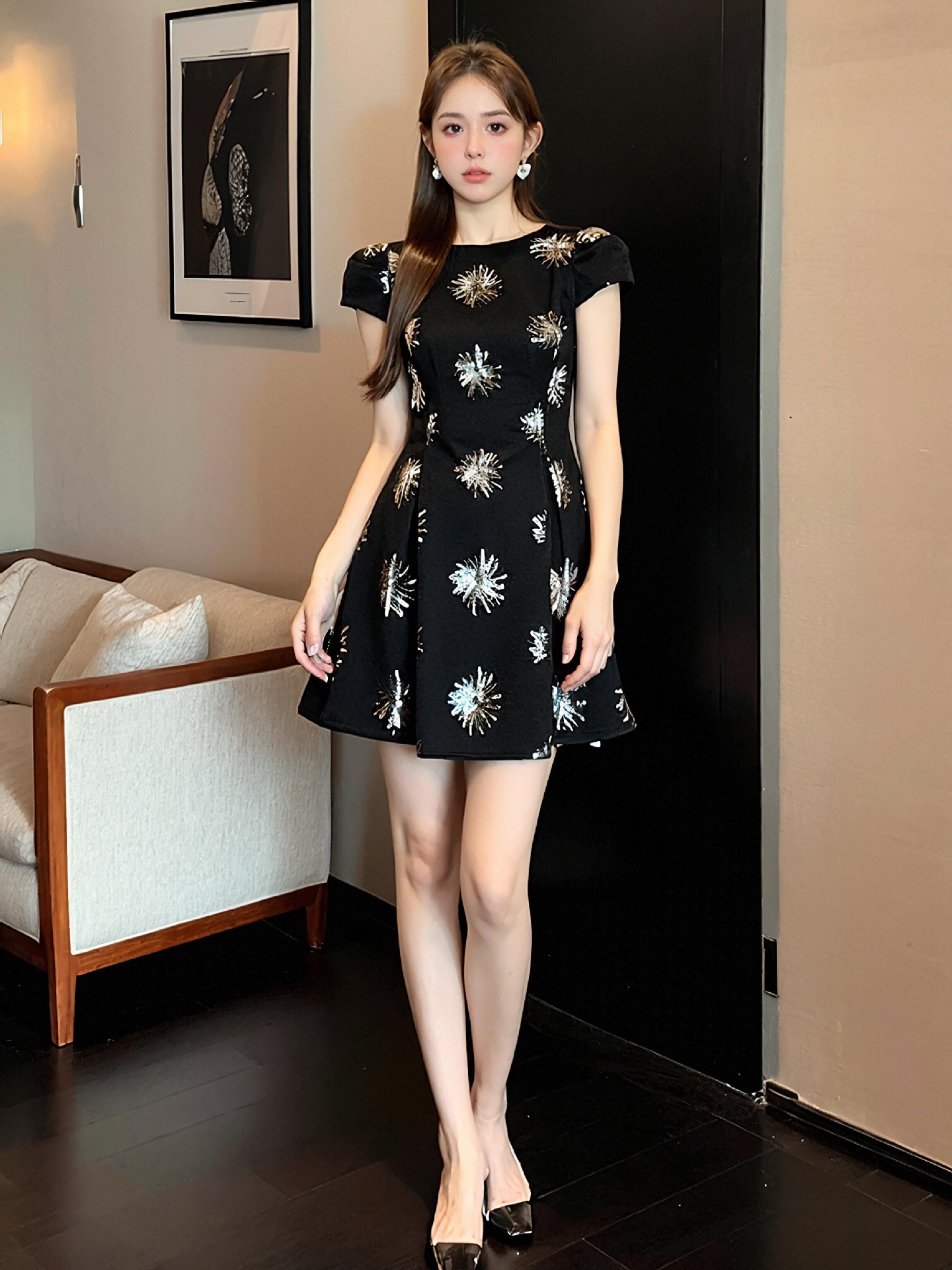 Đầm ngắn tay sequin đen thiết kế kiểu Pháp thắt eo cao — Màu đen