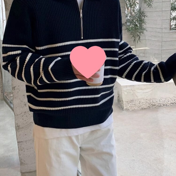 Cross-Border Hot-Selling Autumn and Winter Half-High Collar Zipper Knitwear Men's Loose Large Size Casual Striped Outer Knitwear Ready for Sale