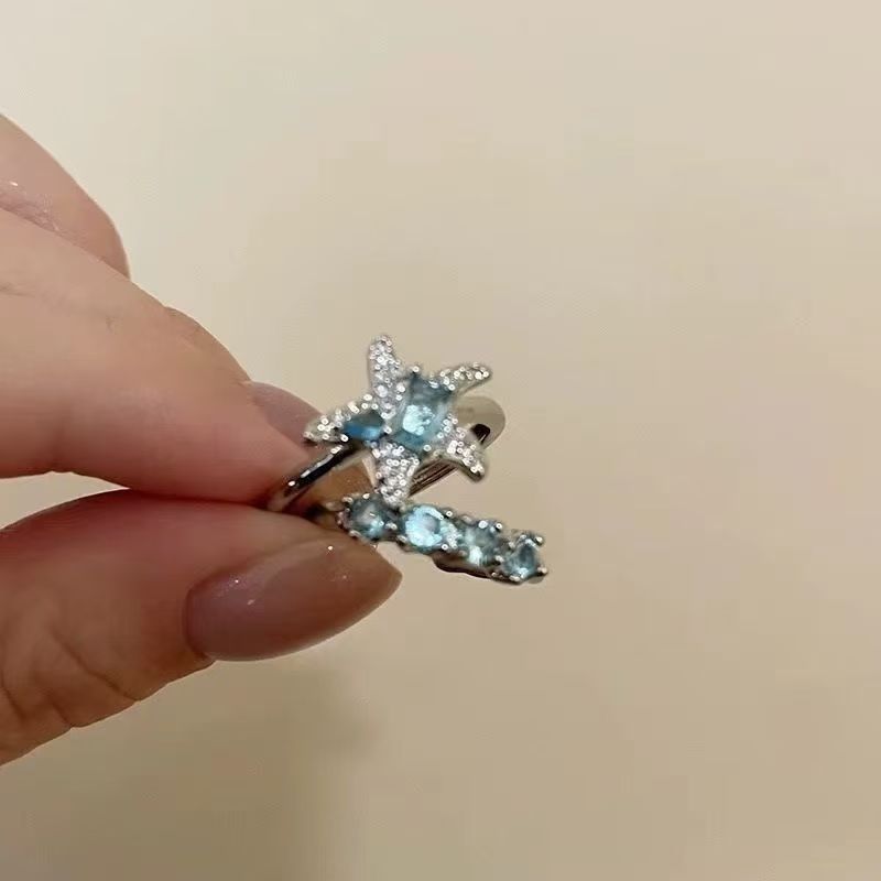蓝色星星锆石戒指女轻奢小众高级感食指戒时尚个性叠戴可调节指环|undefined
