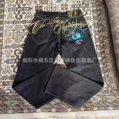 外贸直销爆款水洗做旧磨白设计牛仔裤子日系高街休闲宽松直筒长裤