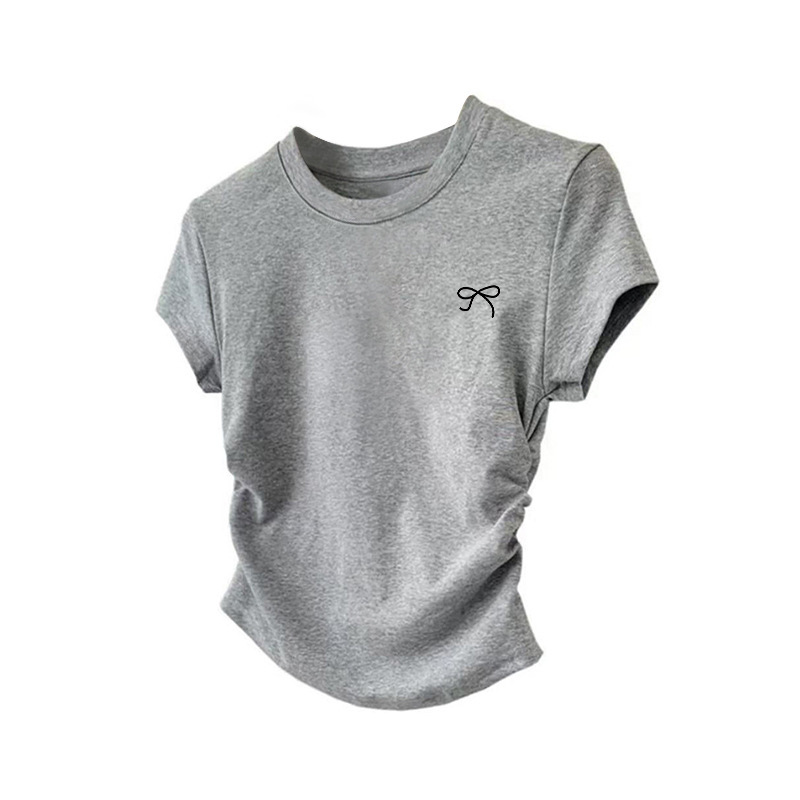 Irregular Right Shoulder Short-Sleeved T-Shirt for Women in Summer, Chic Design, Pleated Waist, Short Style, Popular Pure Cotton Top, Trendy