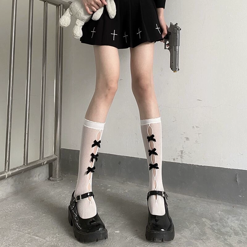 Cute velvet swan, summer thin knee socks with bow, Lolita style, mid-length