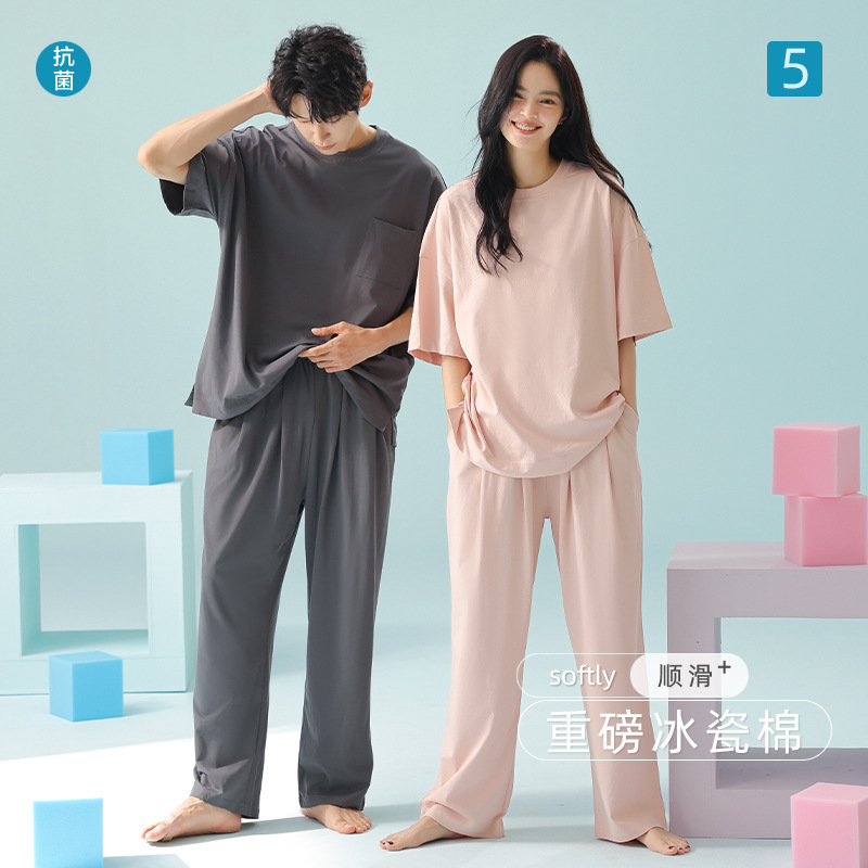 【重磅冰瓷棉】可外穿春夏季纯棉睡衣情侣轻运动女短袖长裤家居服