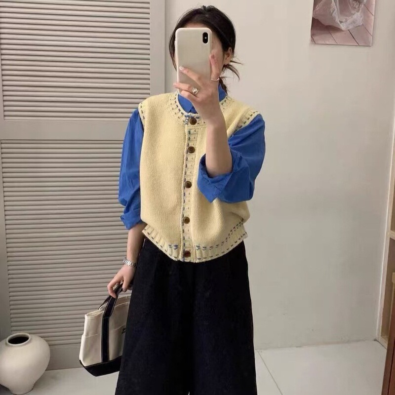 圆领撞色开衫针织马甲女春秋新款时尚休闲学院风减龄背心外套女|undefined