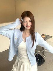 蓝色开衫外套温柔甜美女2025新款韩系早秋穿搭毛衣蝴蝶结针织上衣